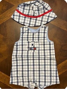 Baby boy Jon Jon Nautical Plaid Baby Romper & Sun Hat Set